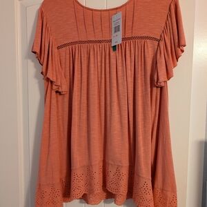 Lightweight Coral Flutter Sleeve Tunic with Eyelet Hem